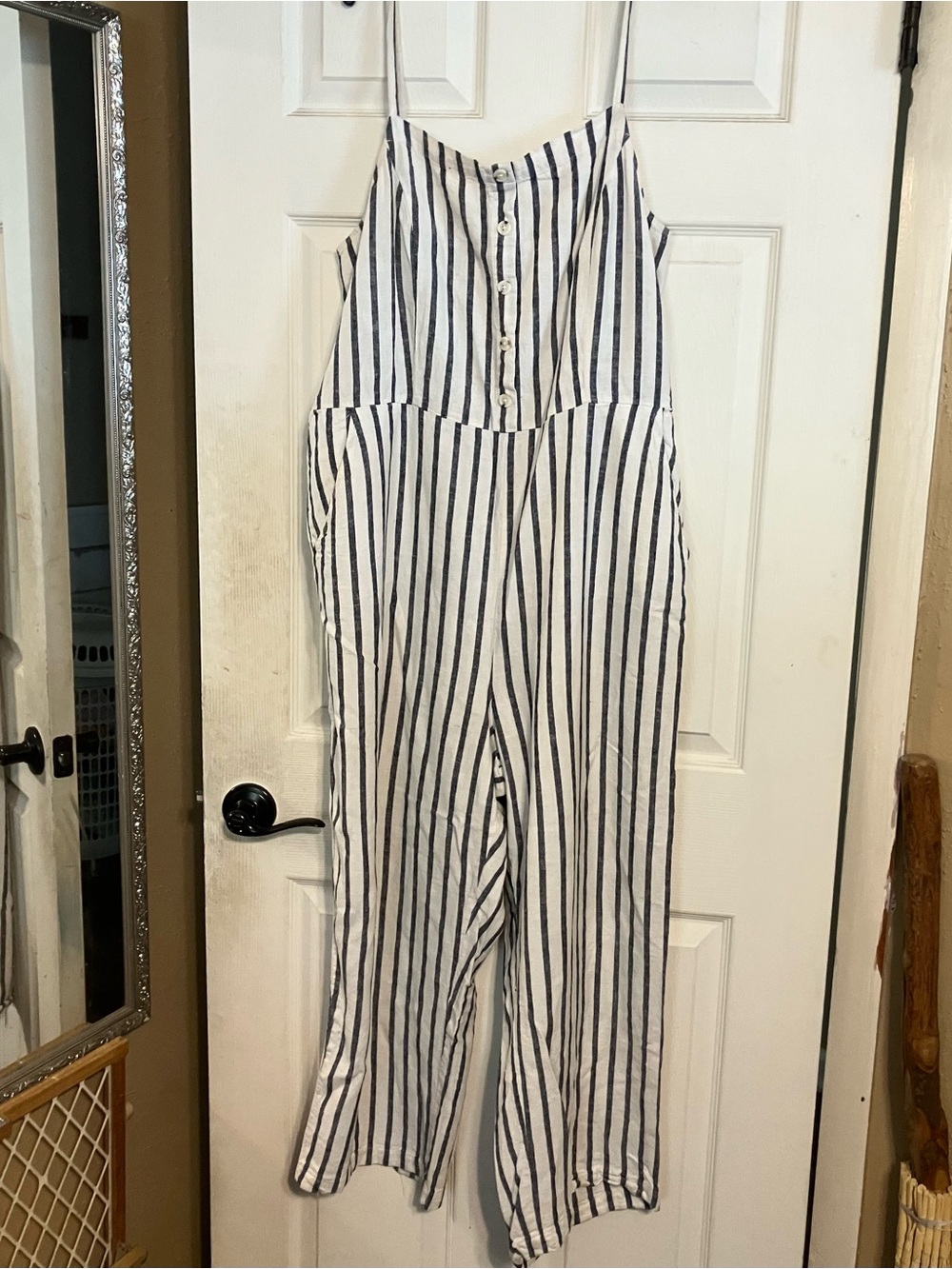 Old Navy Blue & White Striped Linen-Blend Cami Jumpsuit XL Wide Leg